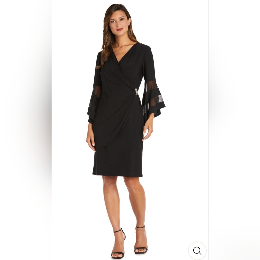 Elegant Wraparound Black Dress w/ Bell Sleeves- Women's Size 16 (NWT)